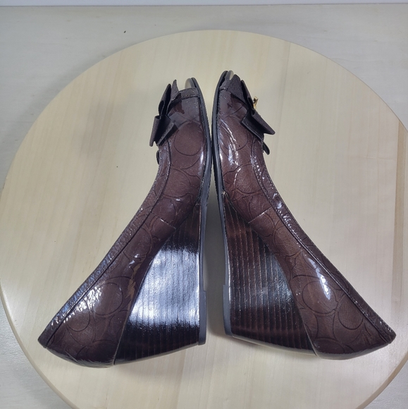 Coach Poppy Jaden Brown Wedge Open Peep Toe Pumps Shoes Sz 5.5 B - Picture 6 of 12